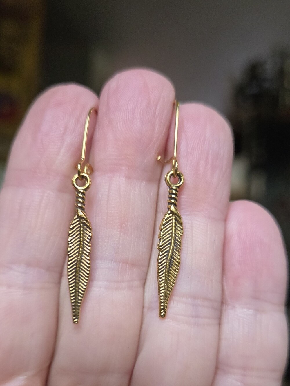 Gold Feather Drop Earrings - Picture 3 of 7